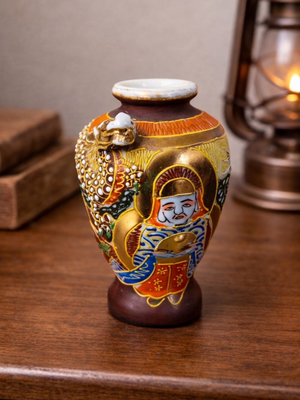 Vintage Japanese Satsuma Moriage Mini Vase Urn Dragon Gold Gilt 4” Japan